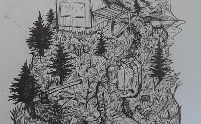 Axe in stump, man carrying water up a mountain to a cabin